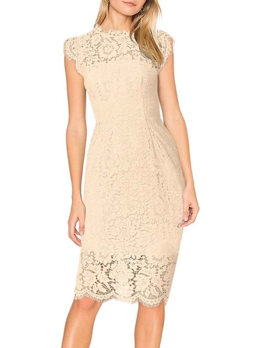 Women's Beige Lace Cocktail Crew Neck Sleeveless Slimming Sheath Midi Dress